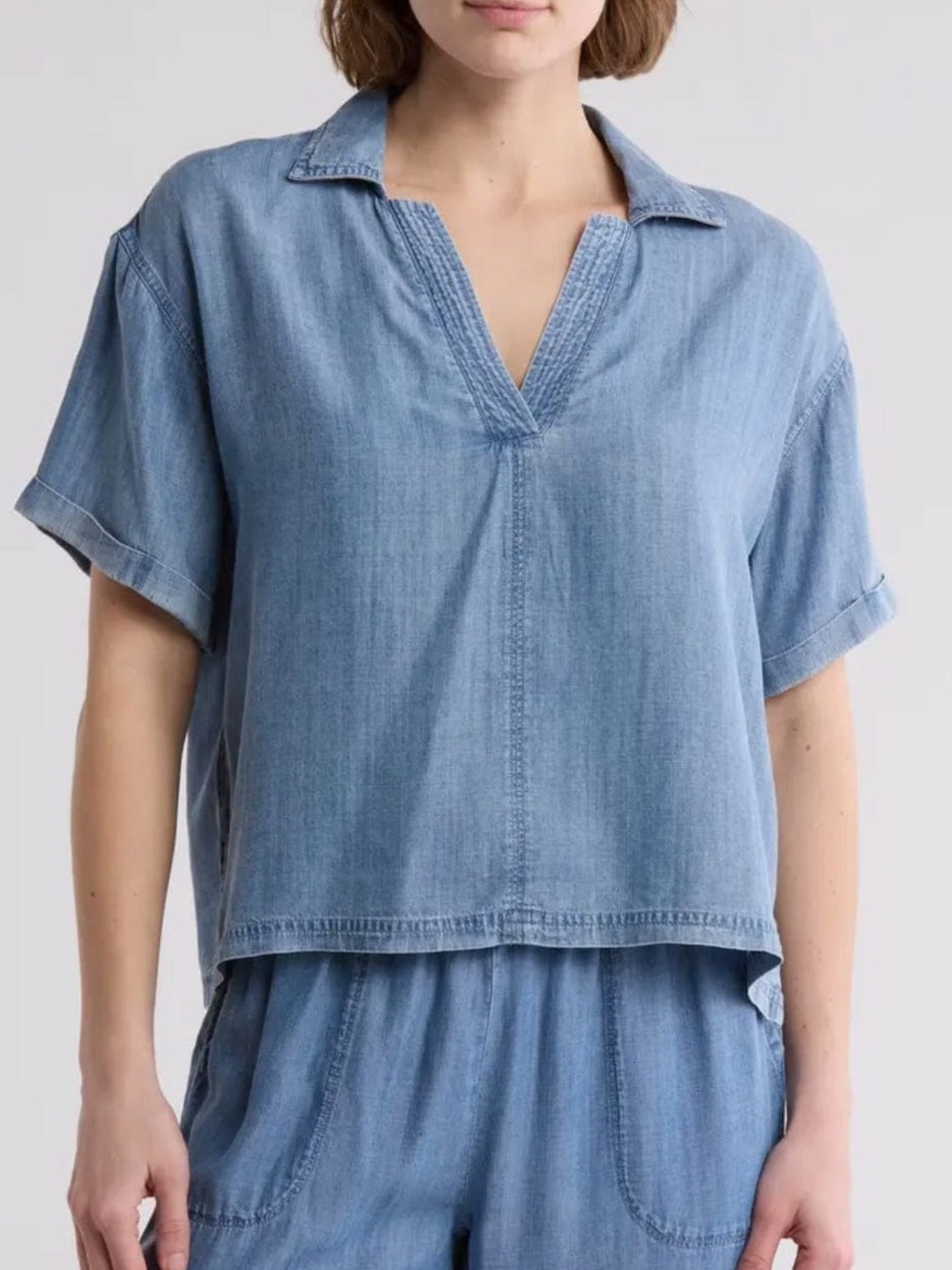 Splendid Indigo Lyocell V-Neck Short Sleeve Pullover Top Large